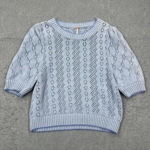Free People Eloise Sweater Women's Large Blue Falling Water Knit 1/2 Sleeve‎ Top